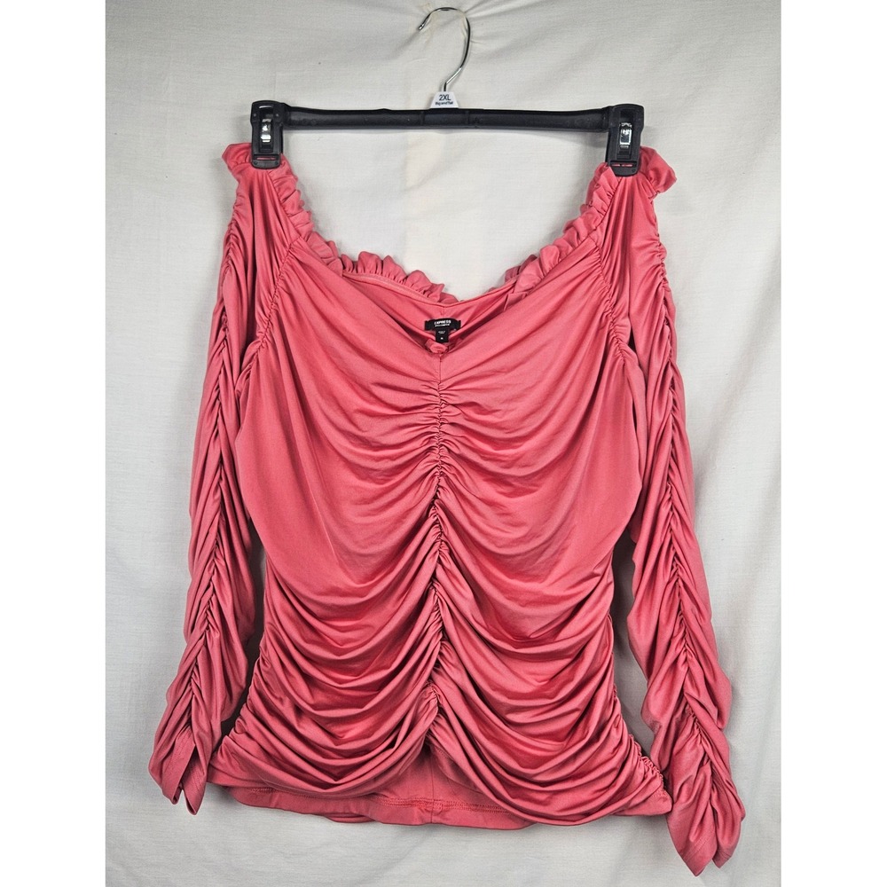 Express Body Contour Coral Pink Ruched Off The Shoulder Ruffle XL Long Sleeve